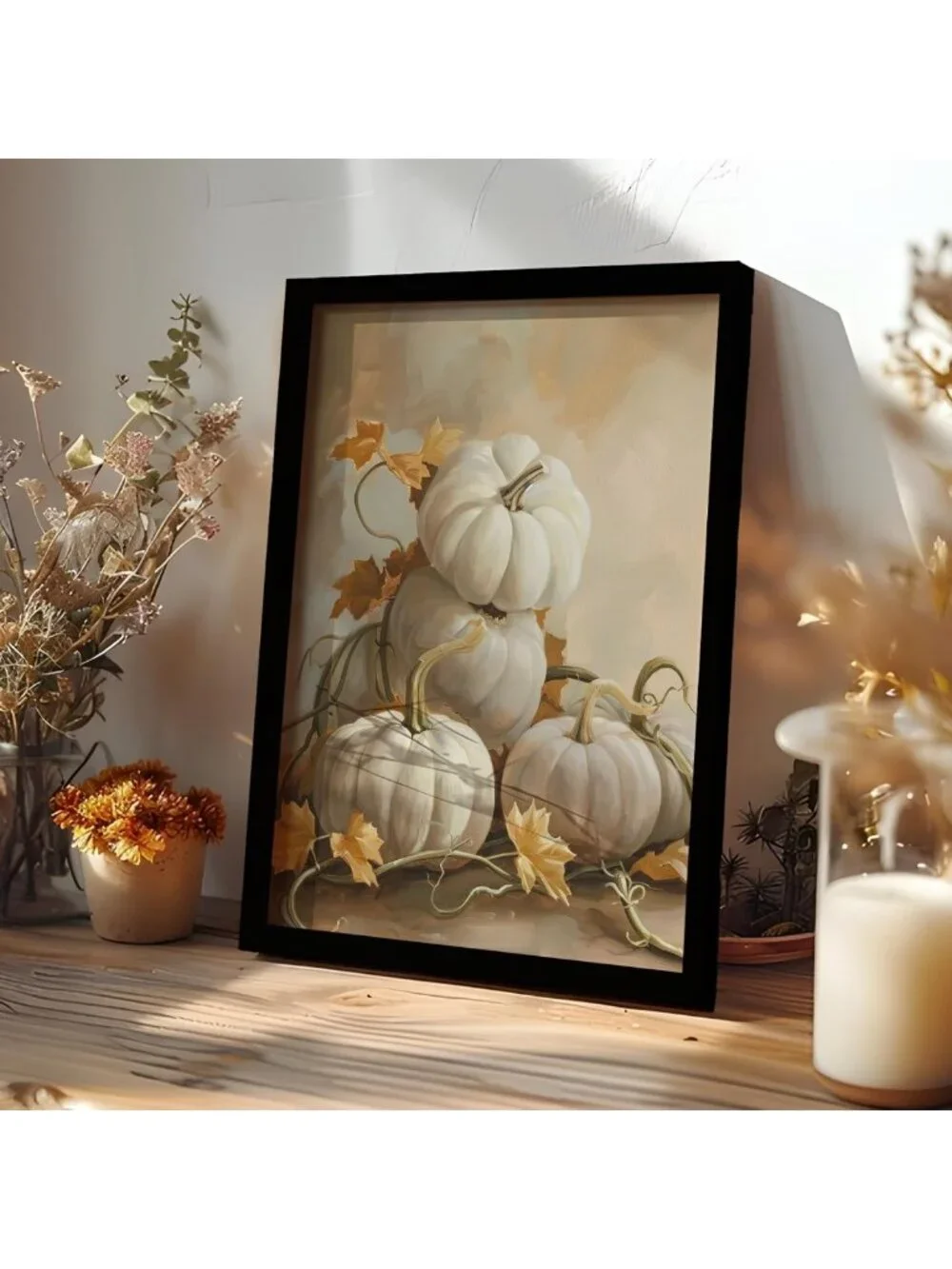 Vintage Fall Pumpkin Wall Art - Framed Autumn Decor for Thanksgiving